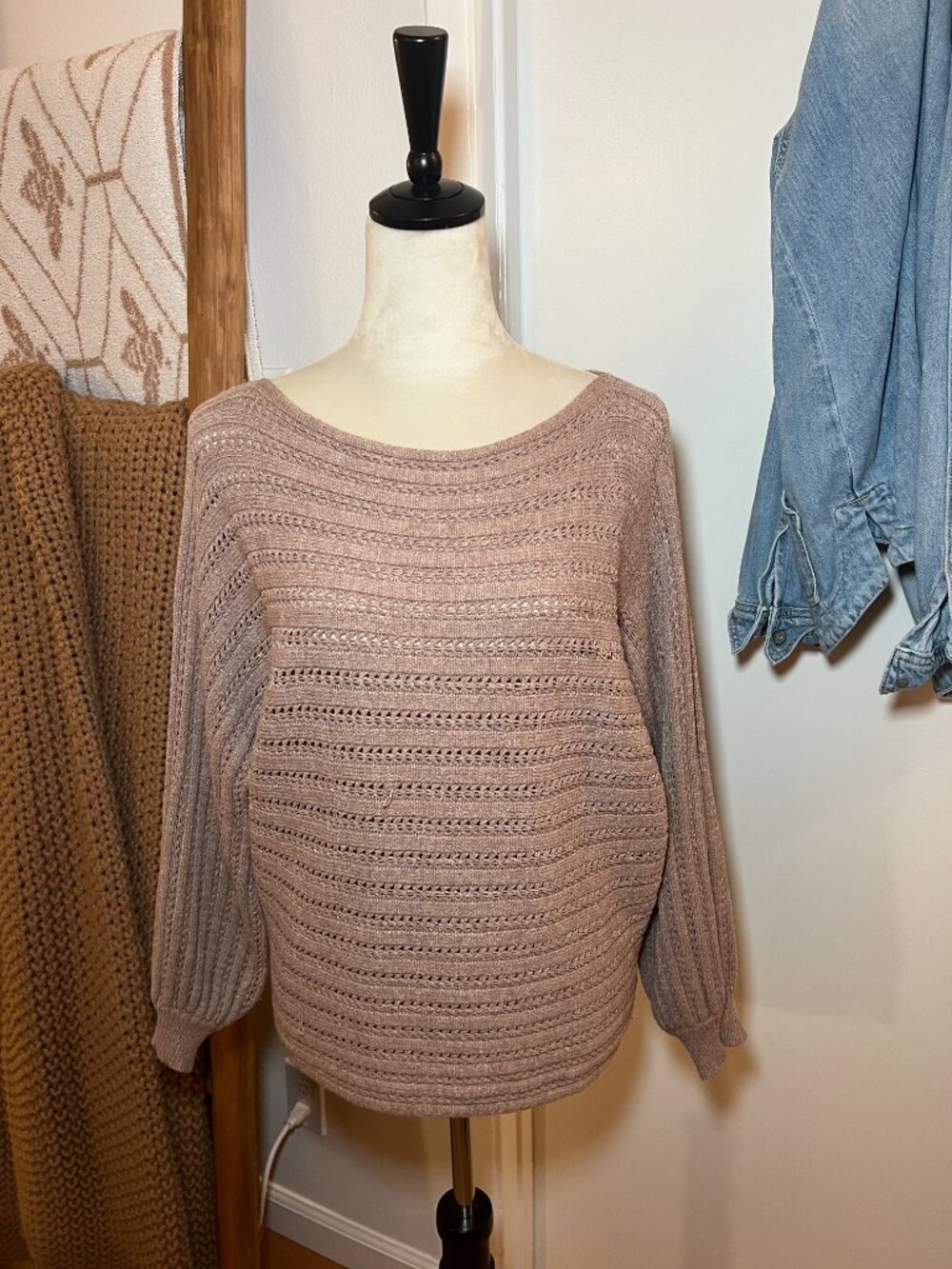 Blu Ivy Open-Knit Sweater — Taupe, Size M/L
